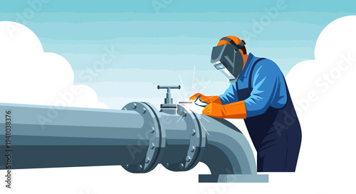 Welder meticulously working on a large industrial pipeline with protective gear.