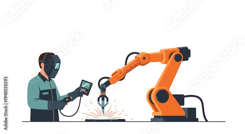 Welder and robotic arm working together on a metal piece in a factory setting.