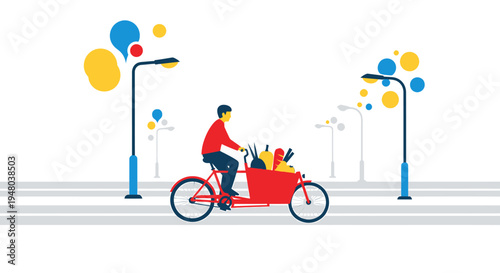 Man riding a red cargo bike carrying groceries on a city street.