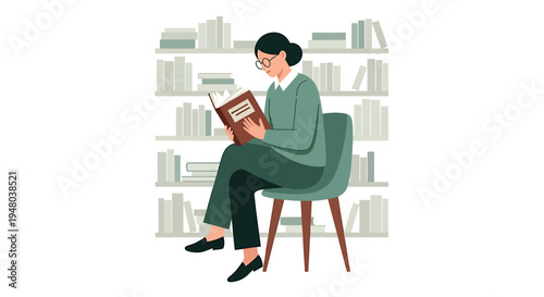 Woman engrossed in reading a book while seated on a chair.