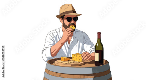 Man enjoying cheese and wine on a wooden barrel, wearing sunglasses and a hat.