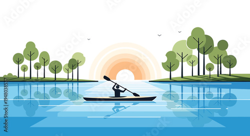Kayaker Paddling on Calm Water at Sunset, Enjoying the Serene Scenery.