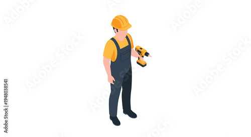 Construction worker holding a drill, wearing a yellow helmet and overalls, ready to work.