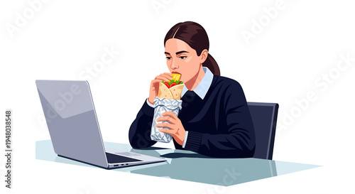 Woman eating while working on laptop, focused and concentrated at desk.