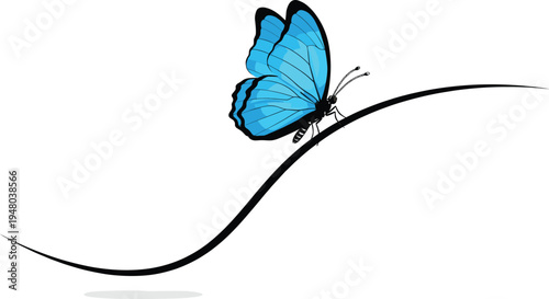 Blue butterfly perched on elegant curved line minimalist vector illustration isolated on light background representing nature beauty freedom and delicate insect design