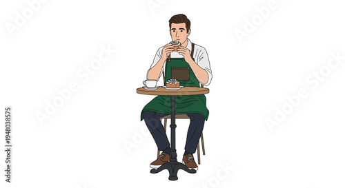 Man in apron sitting at a table with a cup of coffee, focused and thoughtful.