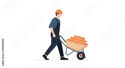 Construction worker pushing a wheelbarrow full of bricks on a sunny day.