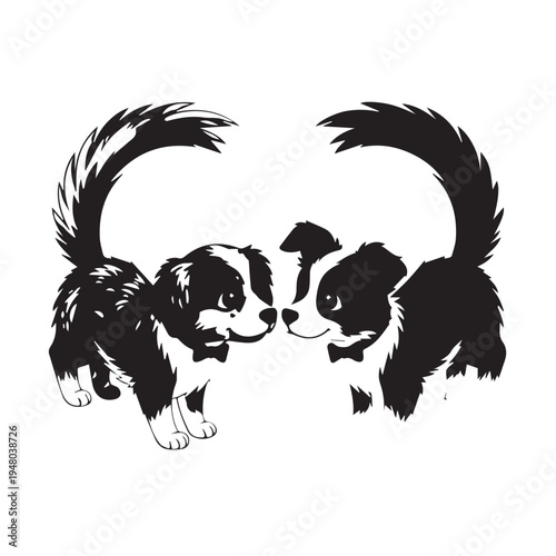 Black and white illustration of two puppies facing each other.
