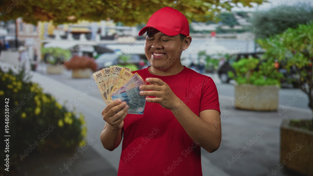 Fototapeta premium Hispanic delivery worker smiling while fanning mexican pesos on a busy street in red cap and shirt; happiness success.