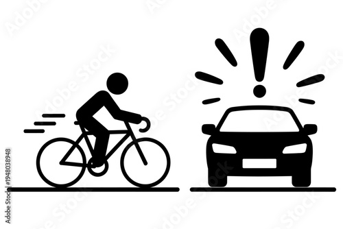 Cyclist riding bike near car with exclamation mark  road safety concept