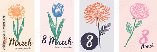 Happy Womens Day greeting cards with flowers and text  March 8th celebration
