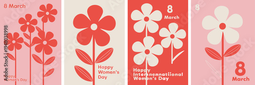 Happy Womens Day greeting cards with flowers and text on colorful backgrounds