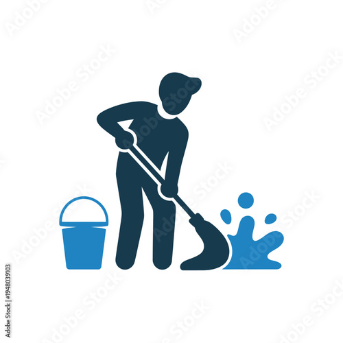 Person sweeping floor with broom and bucket beside them