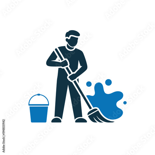 Man cleaning with a broom and bucket on white background