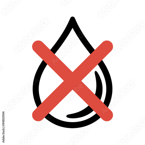 Red X marked through a water droplet icon on white background