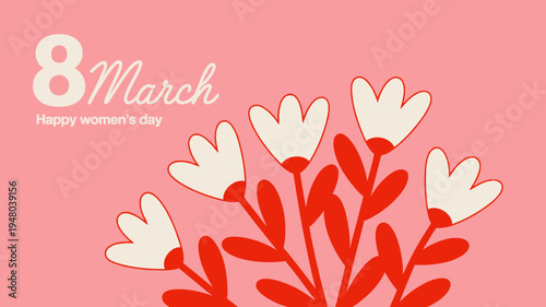 International Womens Day greeting card with flowers and text on pink background