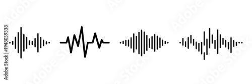 Sound wave patterns and audio signal icons in black color