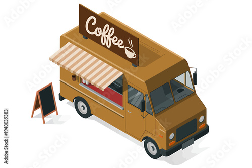 Isometric illustration of a brown coffee food truck with awning and menu board outside
