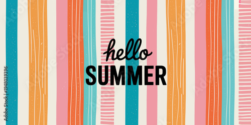Hello summer colorful striped background with text overlay design element