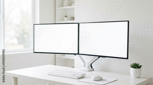 Dual screen computer monitors on a white desk with keyboard