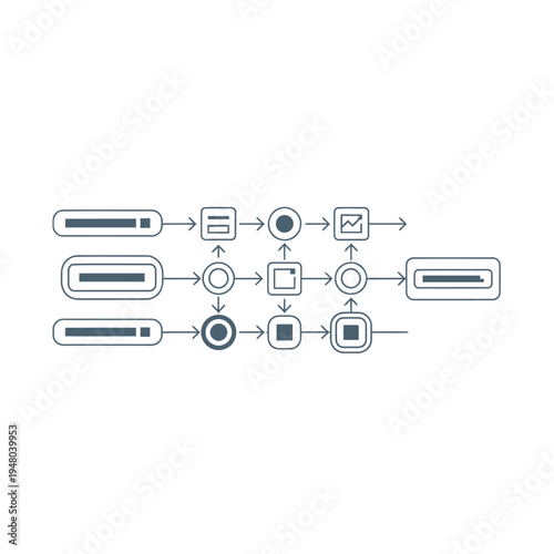Foto Visual representation of a complex workflow with multiple parallel paths and decision points, leading to a final output
