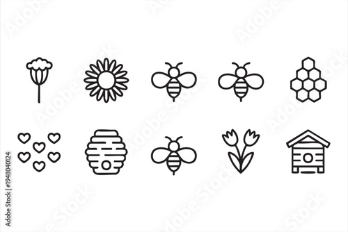 Beekeeping and honey production outline icon pack with bee hive honeycomb flowers and pollination elements