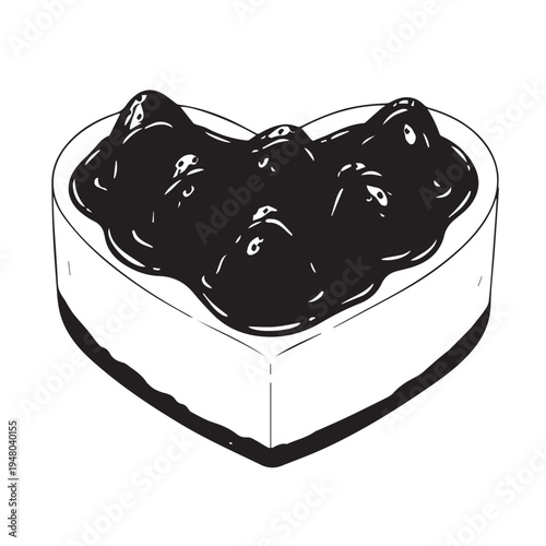 Heart shaped bowl filled with glossy black olives, a simple food illustration.