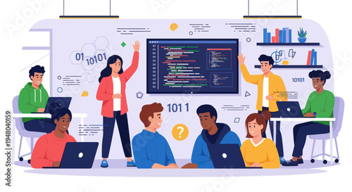 Diverse Students Learning Coding in Modern Classroom with Interactive Screen