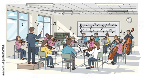 Orchestra practice in a bright classroom with conductor and students playing instruments.
