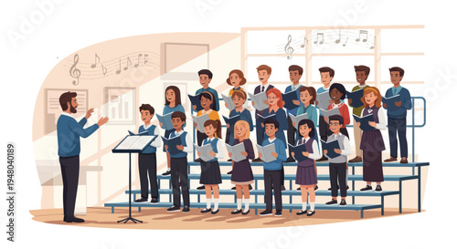 Diverse Choir Group Singing Together on Stage with Conductor