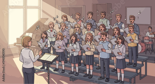 School Choir Practice: Students Sing Together Under Teacher's Direction