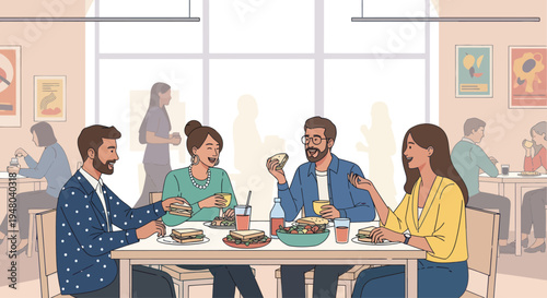 Diverse group of friends enjoying lunch and conversation at a bright, modern cafe.