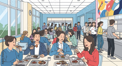 Students and staff enjoying lunch in a bright, modern cafeteria with diverse food options.