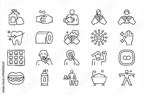 Hygiene and health outline icon collection with washing hands dental care toothbrush and sanitation elements