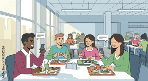 Diverse friends eating in modern cafeteria, using smartphones and chatting