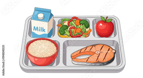 Healthy School Lunch Tray: Salmon, Rice, Vegetables, Milk, Apple