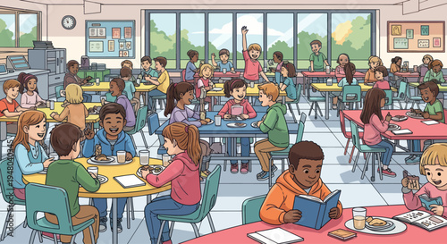 Diverse children eating and socializing in a bright, modern school cafeteria during lunch break.