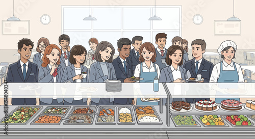 Diverse Office Workers Queueing at Buffet Lunch in Modern Cafeteria