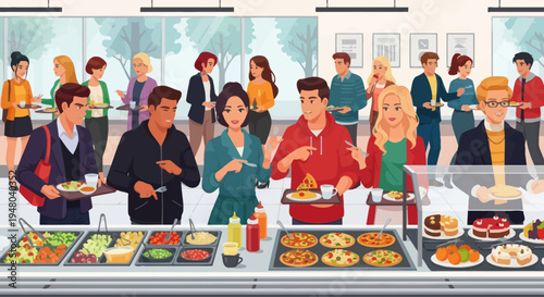 Diverse Crowd Enjoying Buffet Lunch at Modern Cafeteria, Healthy Food Options, Pizzas & Desserts