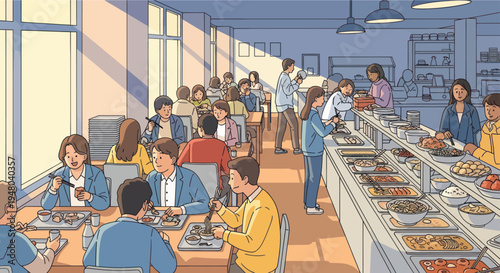 School Cafeteria Scene: Diverse Students Enjoying Lunch at Buffet Tables