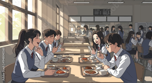 Happy students in school cafeteria, eating lunch and chatting, anime style