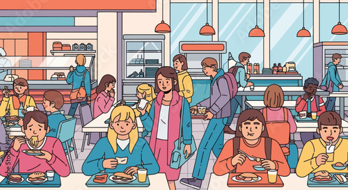 Diverse Students Enjoying Lunch in Busy School Cafeteria Scene
