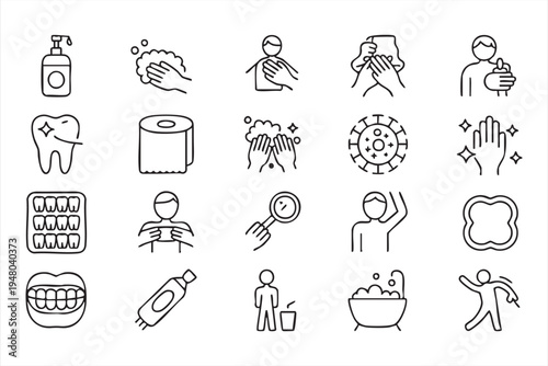 Personal care hygiene icon set with washing hands dental health toothbrush toothpaste and bath symbols