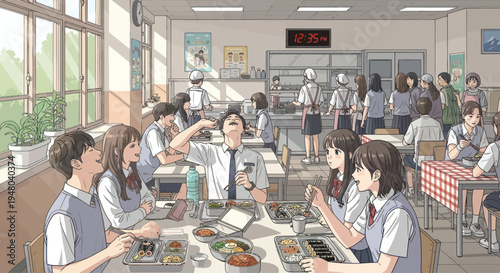 Anime school cafeteria scene with students eating lunch, vibrant and detailed illustration.