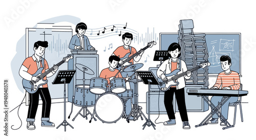 Young musicians playing instruments in a band practice session, illustration