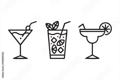 Cocktail drink line icons with margarita mojito and martini glasses bar beverage symbols