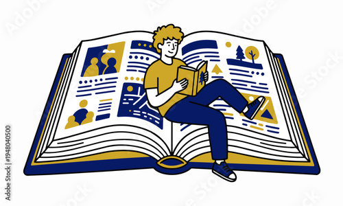 Minimalist Illustration of a Young Man Sitting on a Giant Open Book Reading