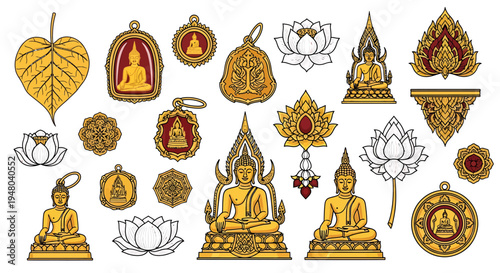 Collection of Golden Buddhist Symbols and Statues Featuring Intricate Designs and Traditional Thai Artistry