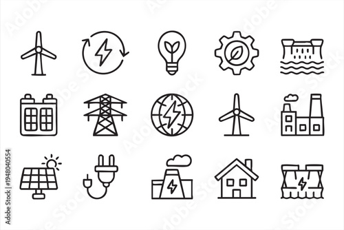 Green energy outline icon collection with solar wind power grid battery and electricity generation symbols