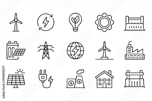 Renewable energy line icons set with solar panels wind turbines hydroelectric dam and electricity grid symbols